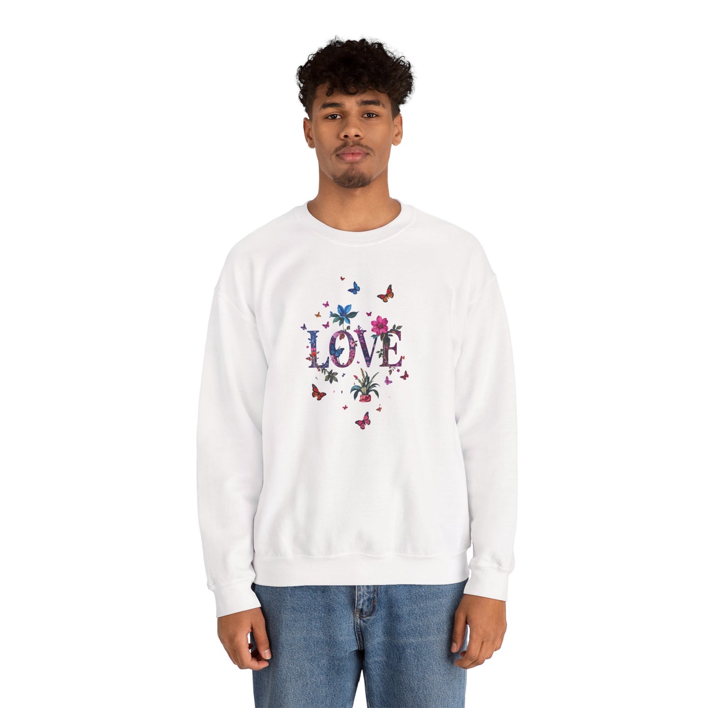 Unisex Floral Love Sweatshirt, Love Floral Sweatshirt, Floral Butterfly Sweatshirt, 50/50 Cotton-Poly Valentine's Day Sweatshirt 03