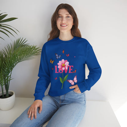 Unisex Floral Love Sweatshirt Valentines Day Cotton Poly Blend Butterfly