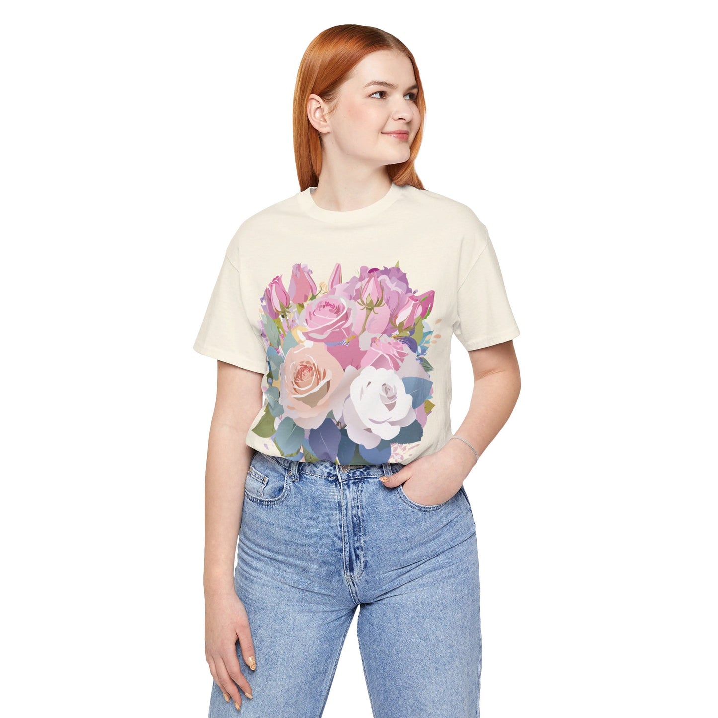 Natural Cotton Tee Shirt with Flowers