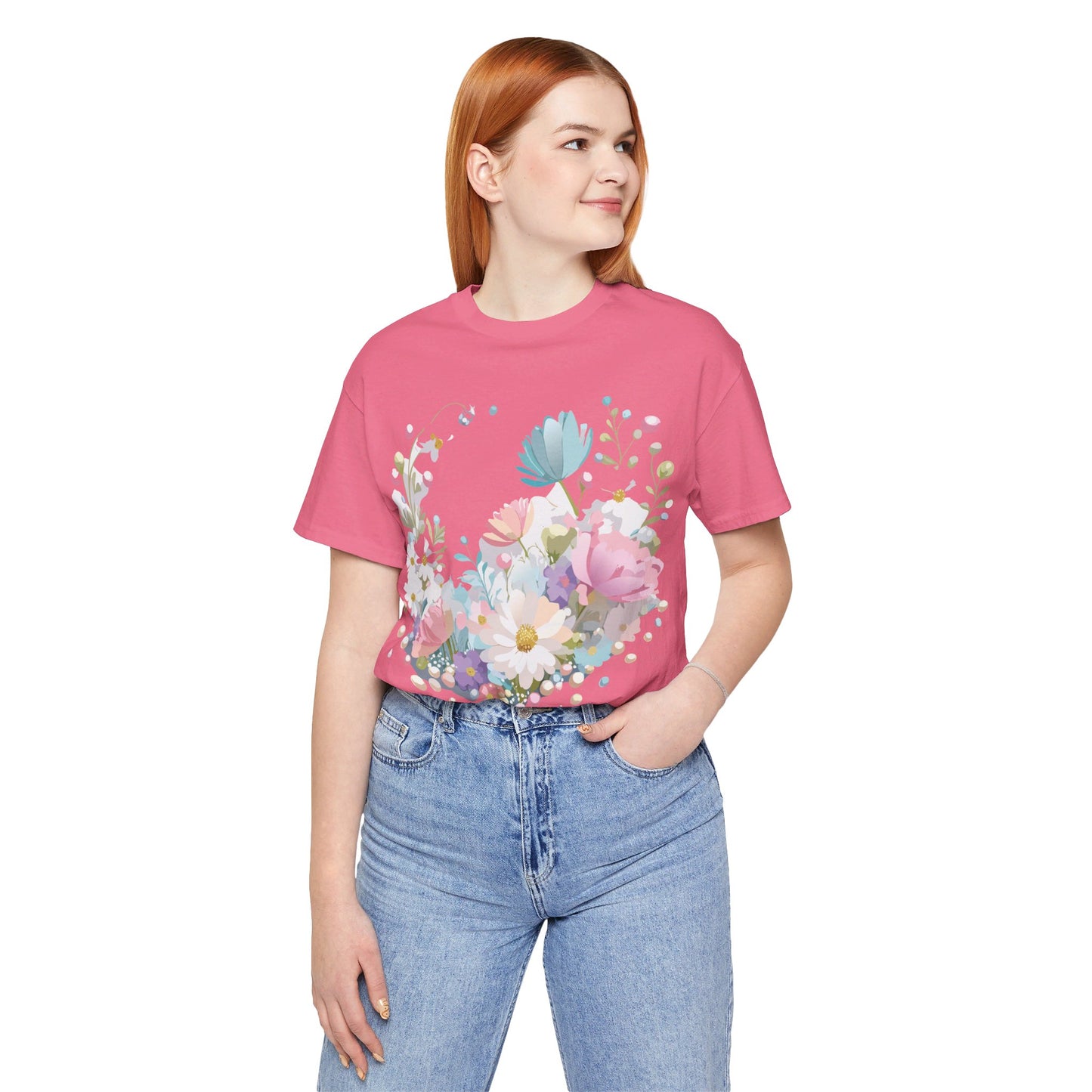 Natural Cotton Tee Shirt with Flowers