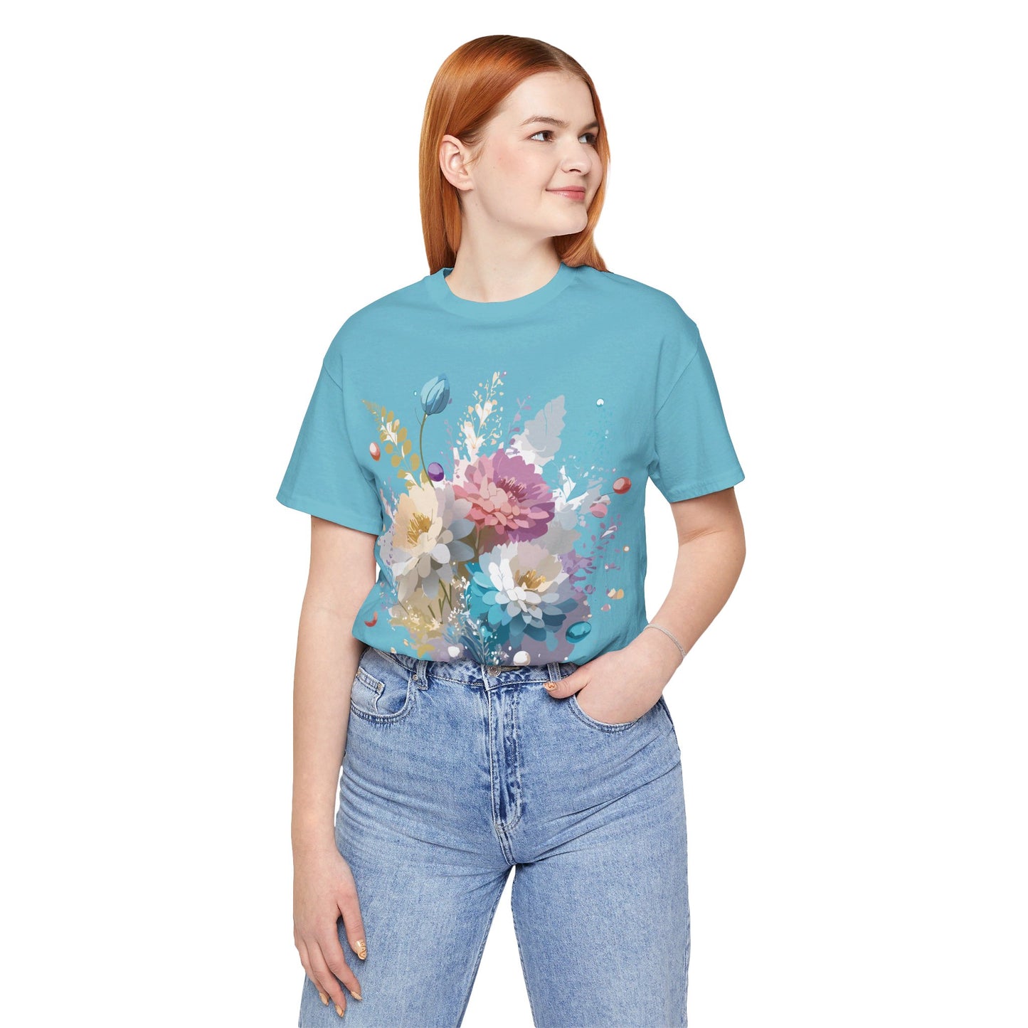 Natural Cotton Tee Shirt with Flowers