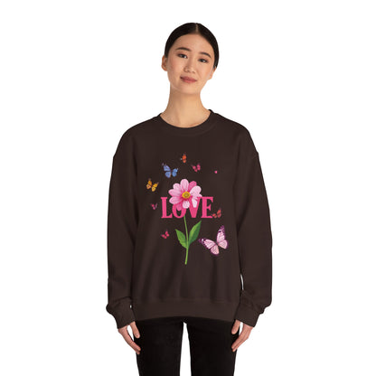 Unisex Floral Love Sweatshirt Valentines Day Cotton Poly Blend Butterfly
