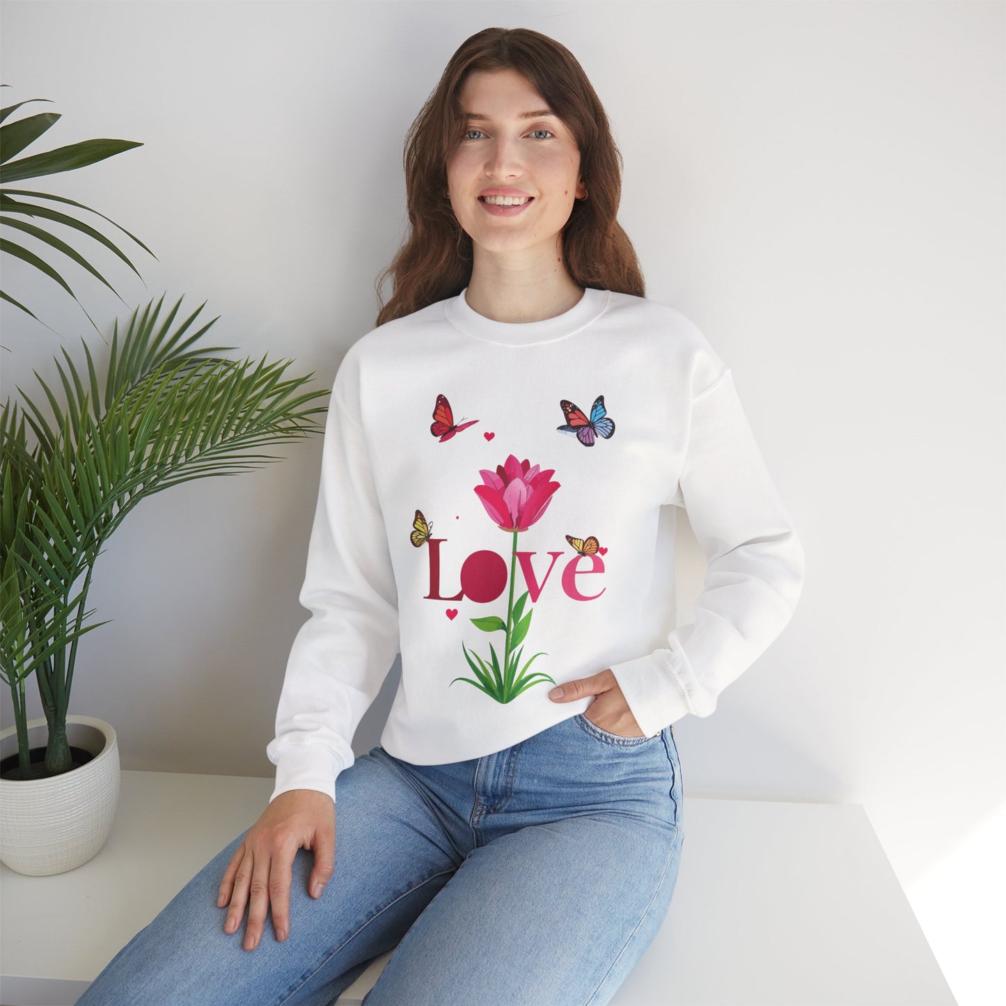 Unisex Floral Love Sweatshirt Floral Butterfly Design Cotton Poly Valentines Day