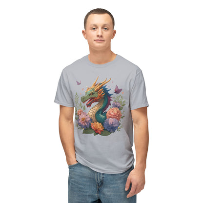 Dragon Art Tee Unisex Vintage Floral Tee Full Color Print HD Cotton