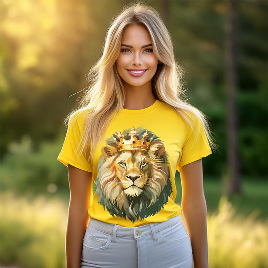 Lion with Crown Tee Unisex Cotton T-Shirt Regal King Lion Illustration, Wildlife Graphic Shirt - 1