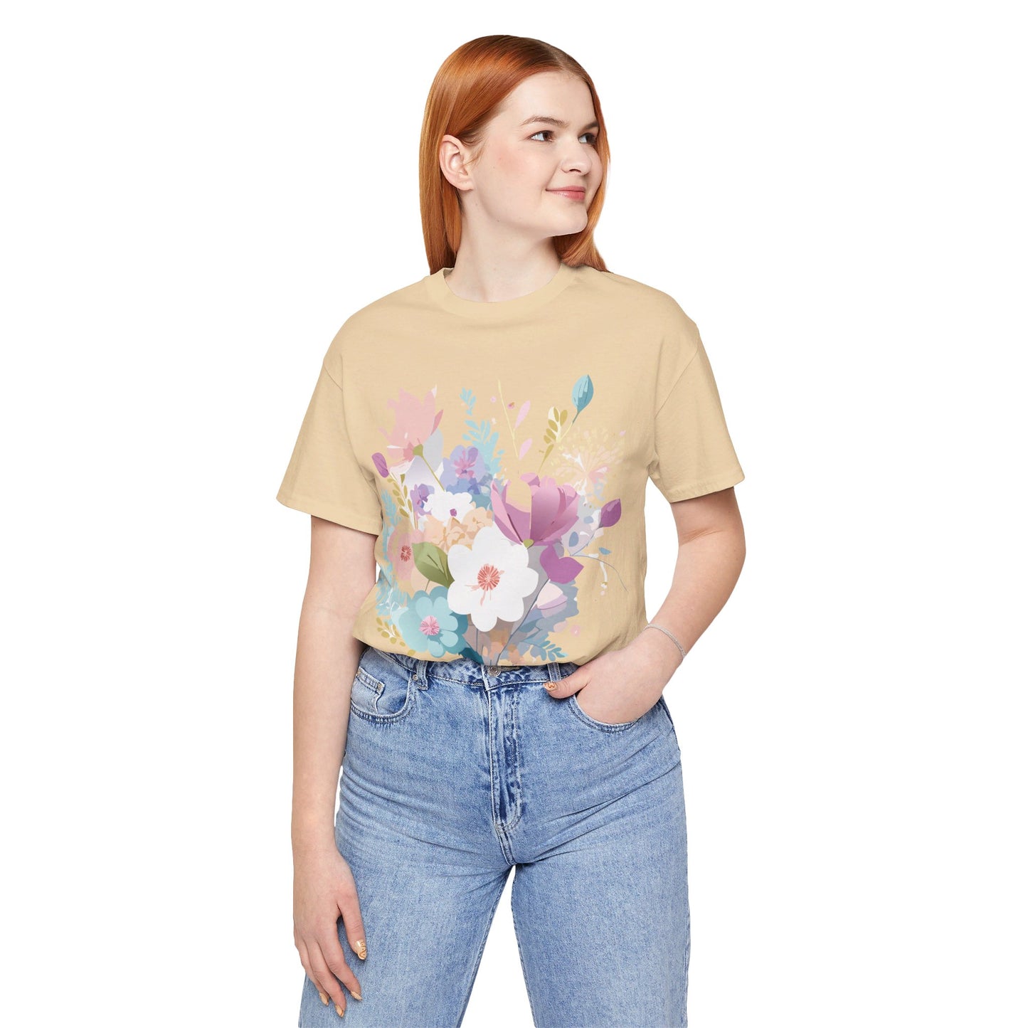 Natural Cotton Tee Shirt with Flowers