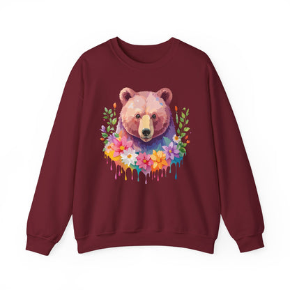 Unisex Floral Bear Sweatshirt Art Design Animals Sweatshirt Cozy Cotton Blend