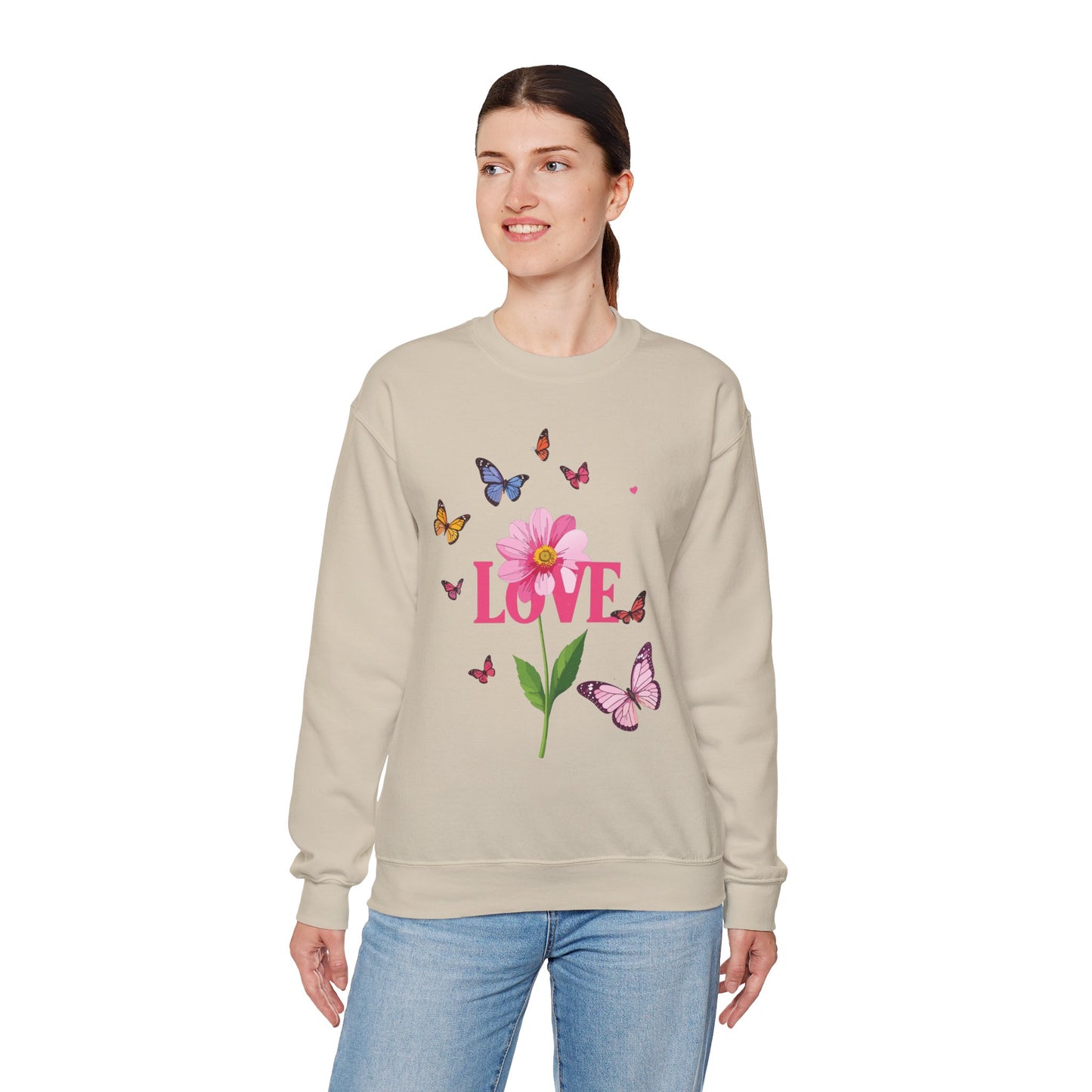 Unisex Floral Love Sweatshirt Valentines Day Cotton Poly Blend Butterfly