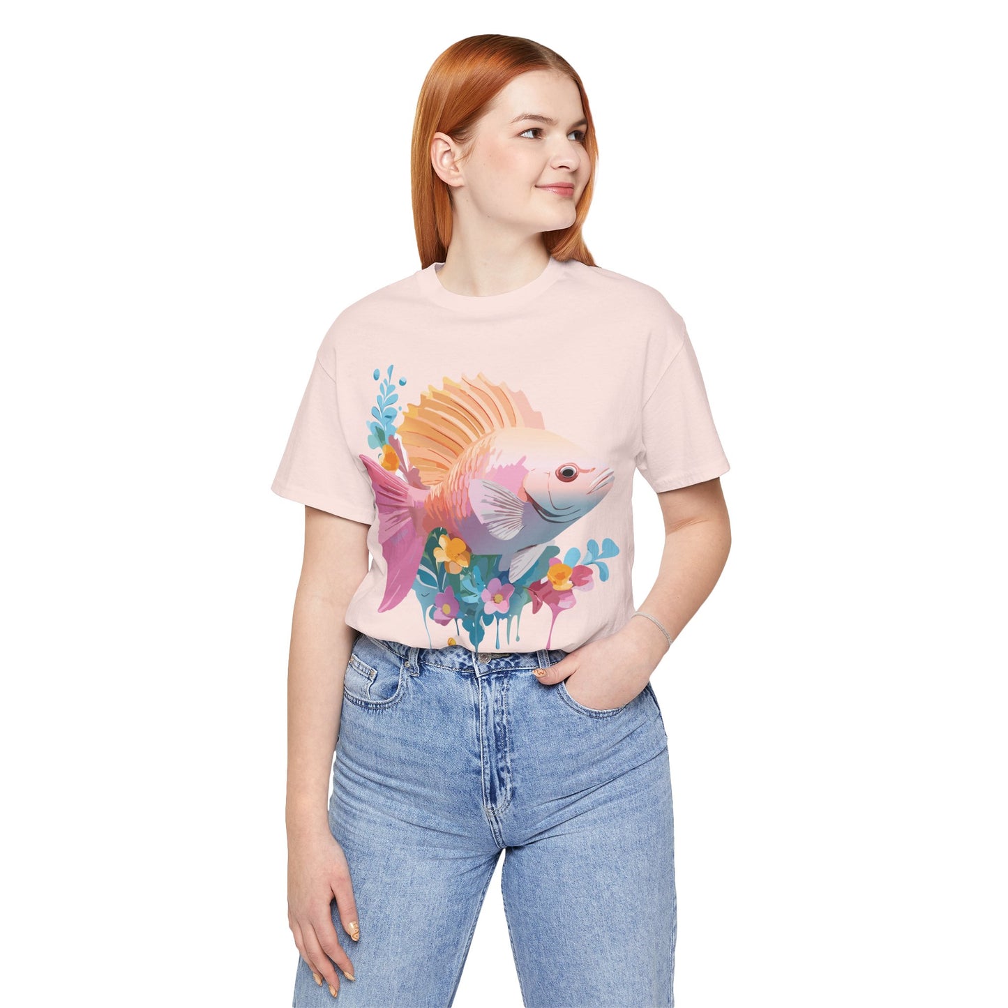 Natural Cotton Tee Shirt with Fish