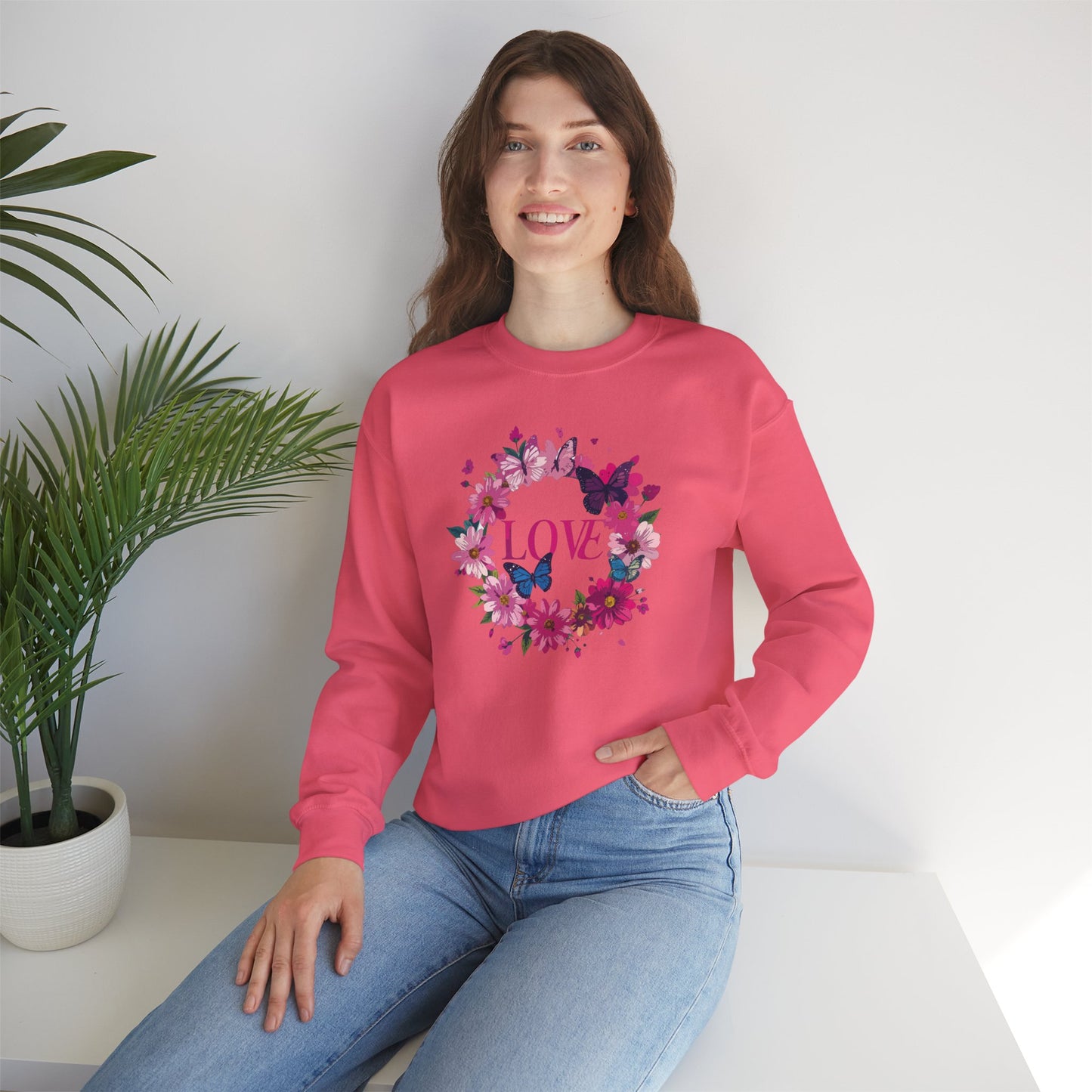 Unisex Floral Love Sweatshirt Butterfly Print 50 50 Cotton Poly Valentines Day