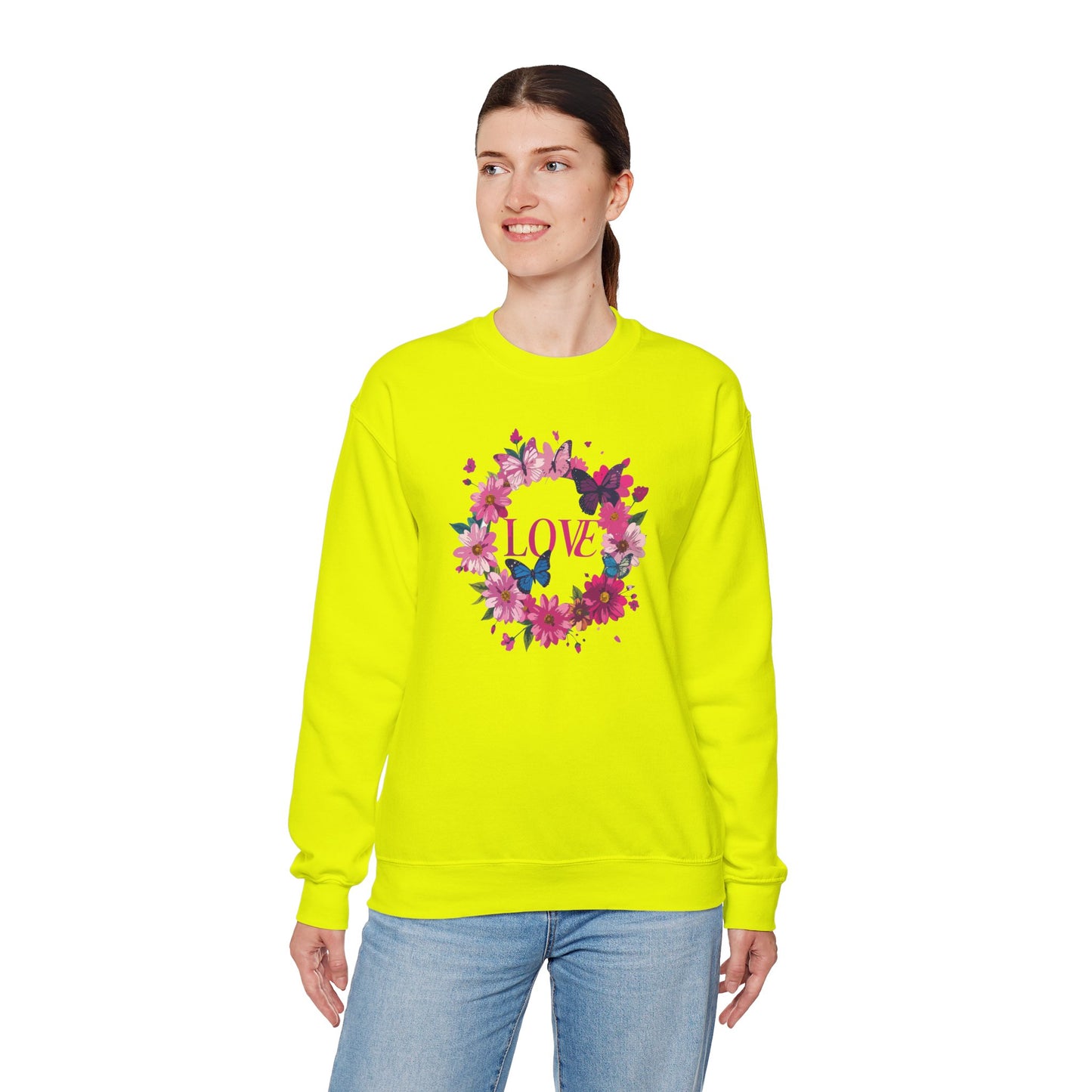 Unisex Floral Love Sweatshirt Butterfly Print 50 50 Cotton Poly Valentines Day