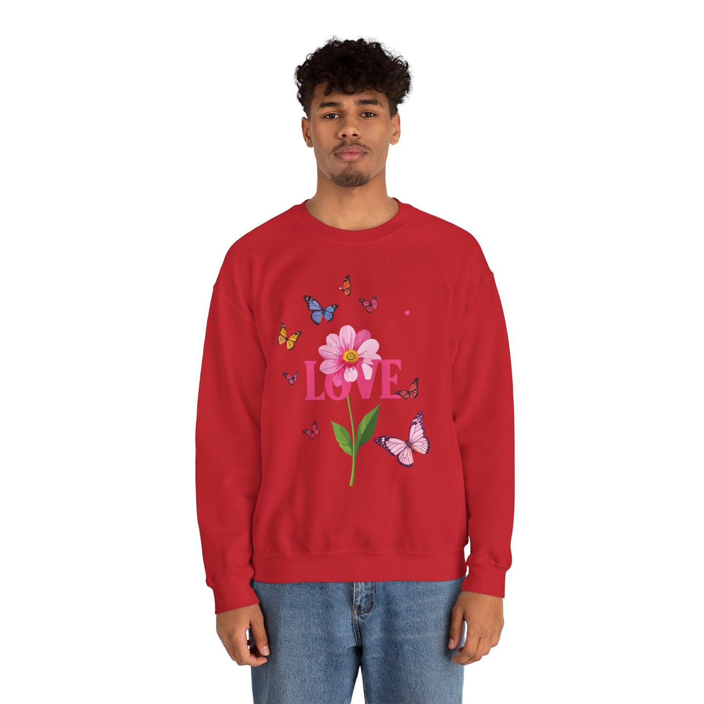 Unisex Floral Love Sweatshirt Valentines Day Cotton Poly Blend Butterfly