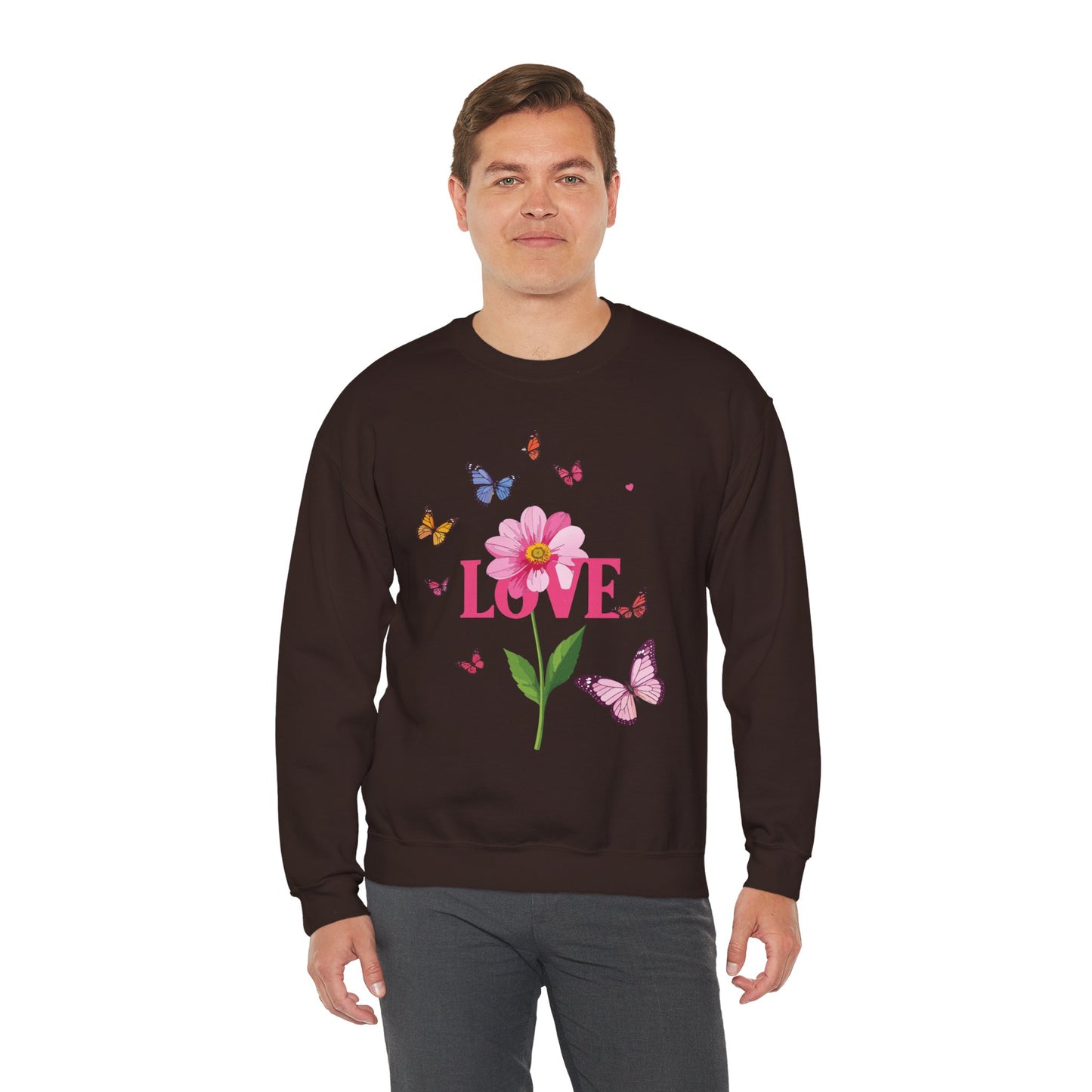 Unisex Floral Love Sweatshirt Valentines Day Cotton Poly Blend Butterfly