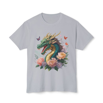 Dragon Art Design Unisex Cotton Tee With Floral Print Artwork And Dragon Graphic