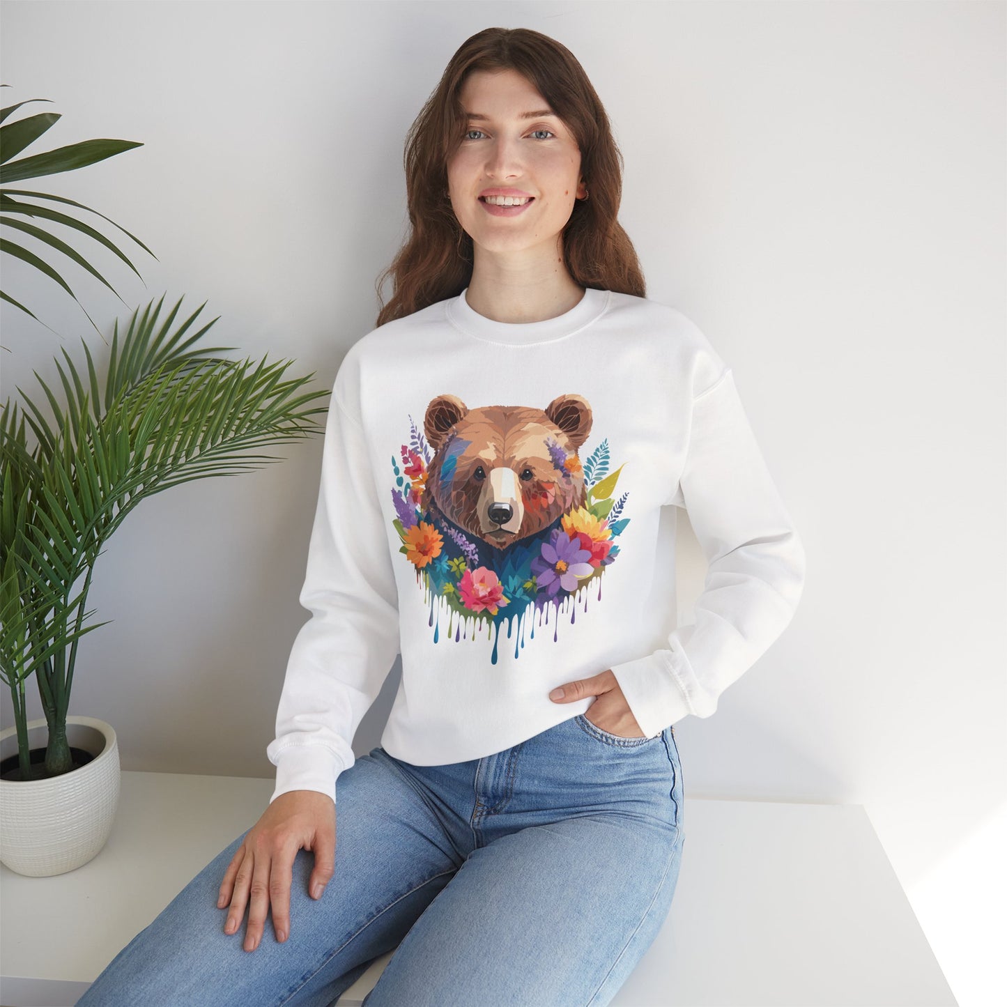 Unisex Floral Bear Sweatshirt, Animals Sweatshirt, Floral Sweatshirt, Art Design Sweatshirt