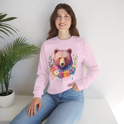 Unisex Floral Bear Sweatshirt Art Design Animals Sweatshirt Cozy Cotton Blend