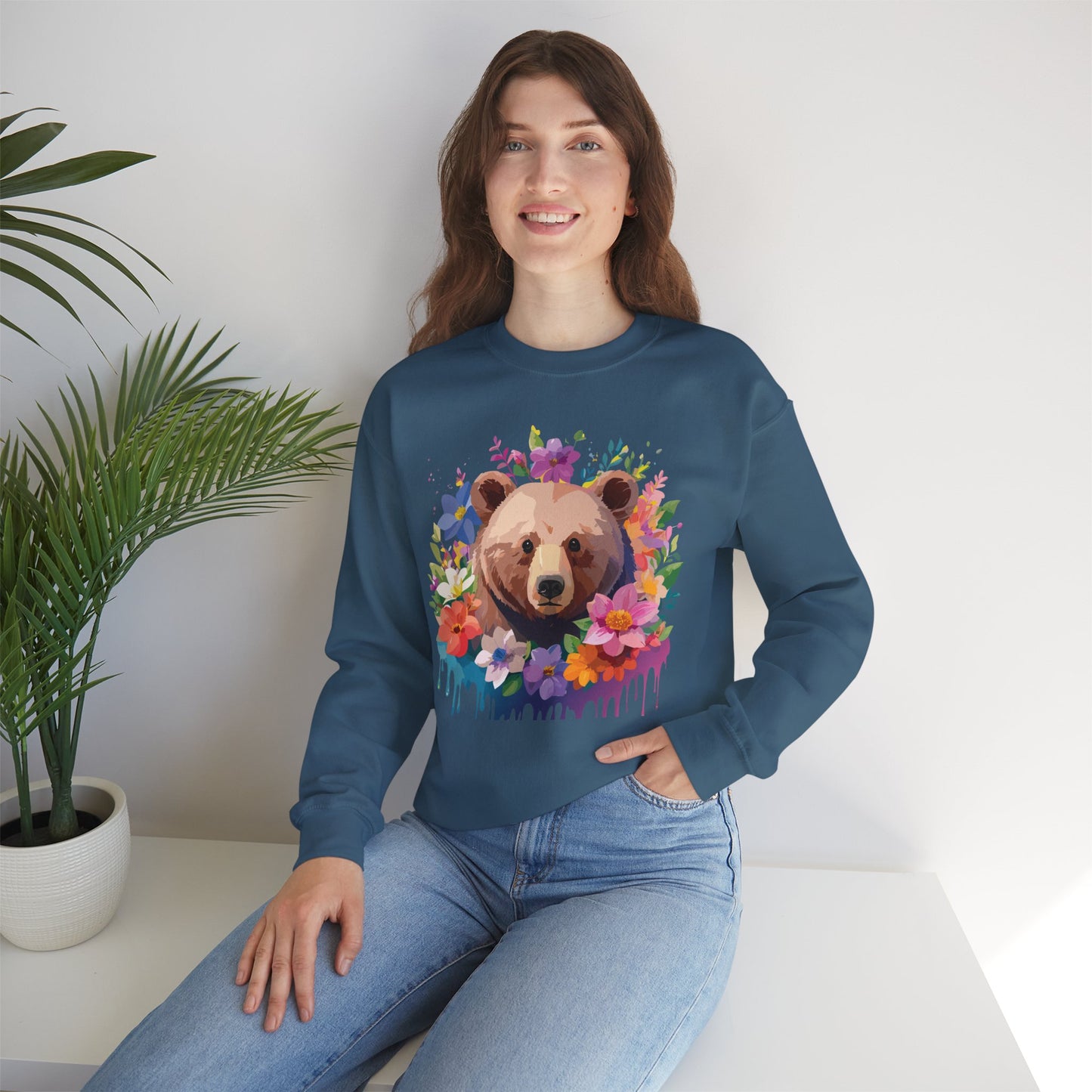 Unisex Floral Bear Sweatshirt, Animals Sweatshirt, Floral Sweatshirt, Art Design Sweatshirt
