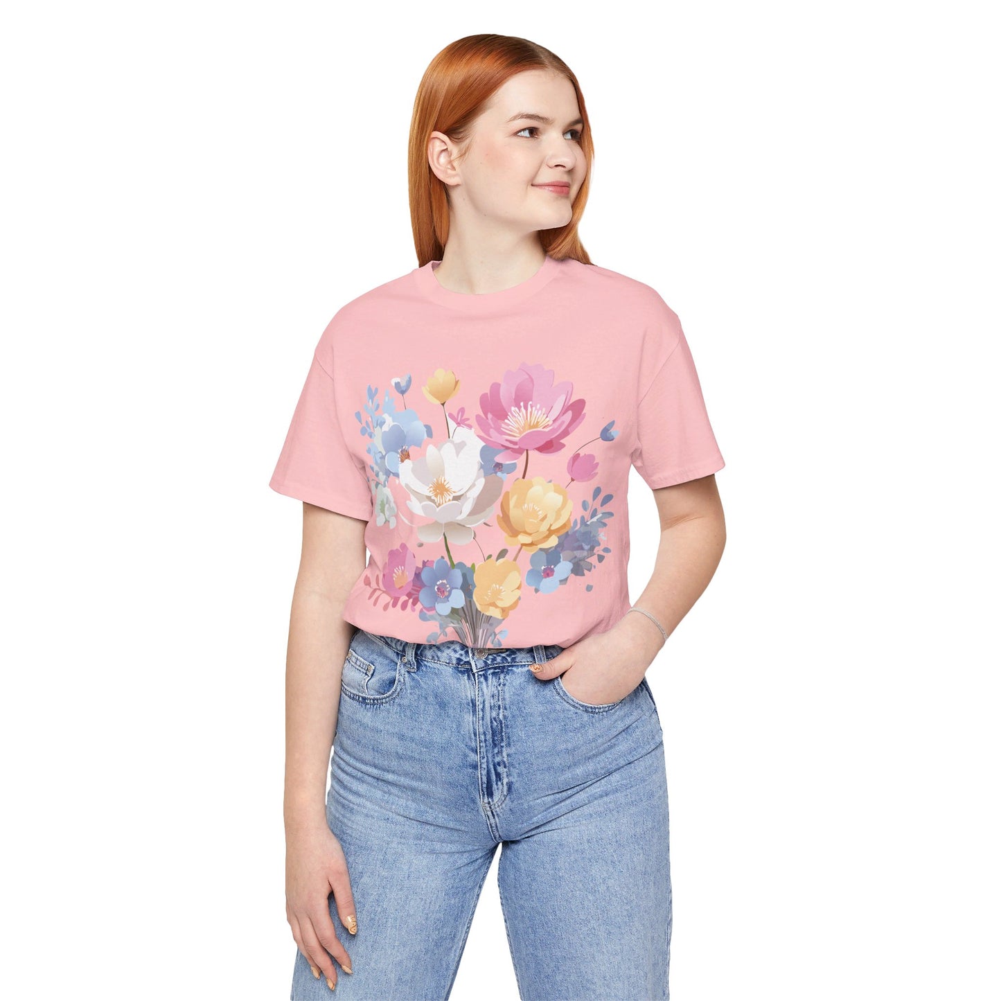 Natural Cotton Tee Shirt with Flowers