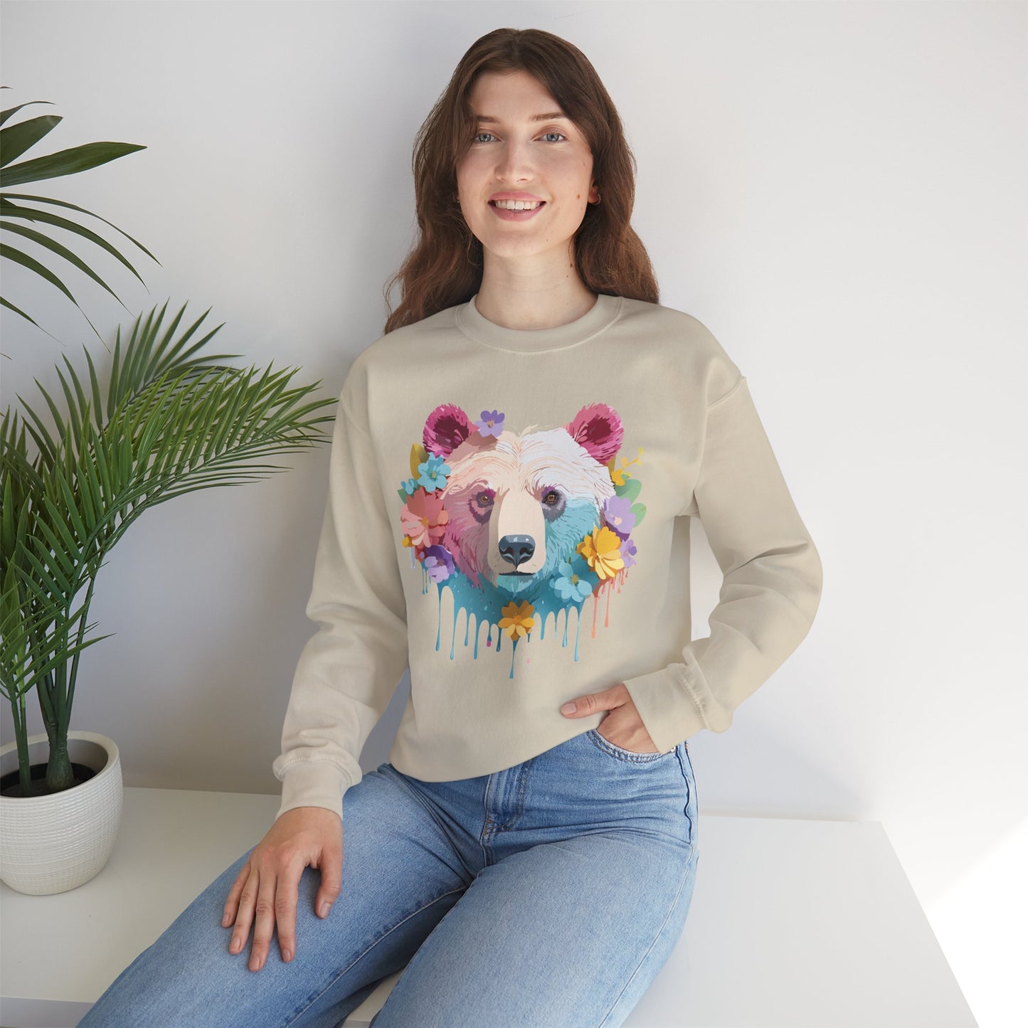 Unisex Floral Bear Sweatshirt, Animals Sweatshirt, Floral Sweatshirt, Art Design Sweatshirt