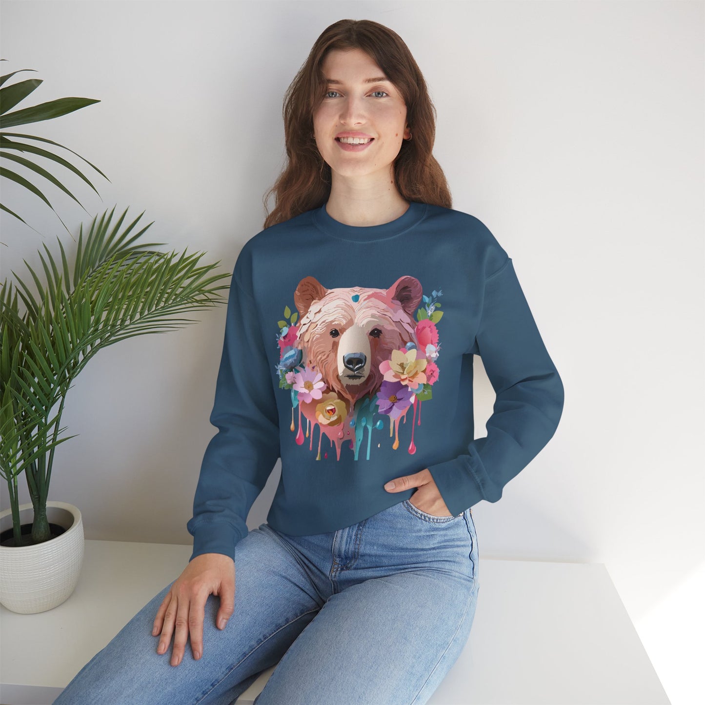 Unisex Floral Bear Sweatshirt, Animals Sweatshirt, Floral Sweatshirt, Art Design Sweatshirt