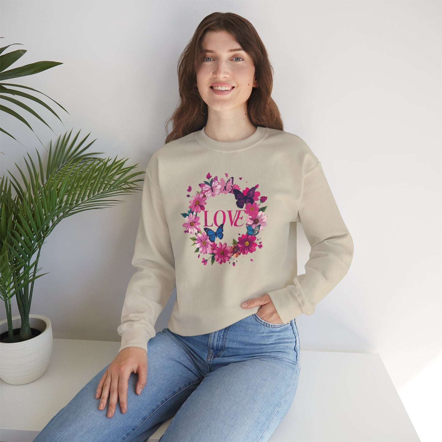 Unisex Floral Love Sweatshirt Butterfly Print 50 50 Cotton Poly Valentines Day