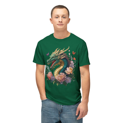 Dragon Art Design Unisex Cotton Tee With Floral Print Artwork And Dragon Graphic