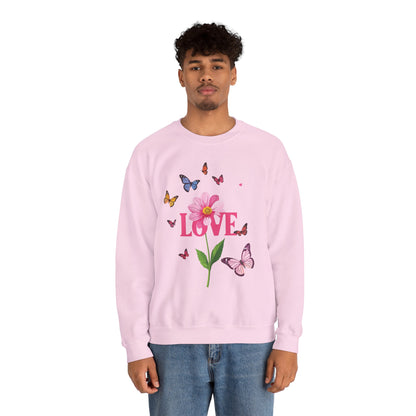 Unisex Floral Love Sweatshirt Valentines Day Cotton Poly Blend Butterfly
