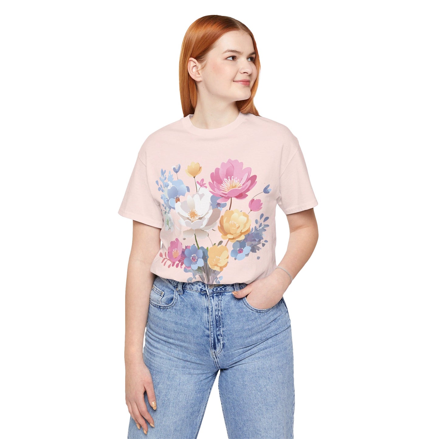 Natural Cotton Tee Shirt with Flowers