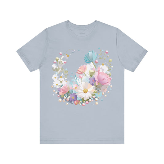 Natural Cotton Tee Shirt with Flowers