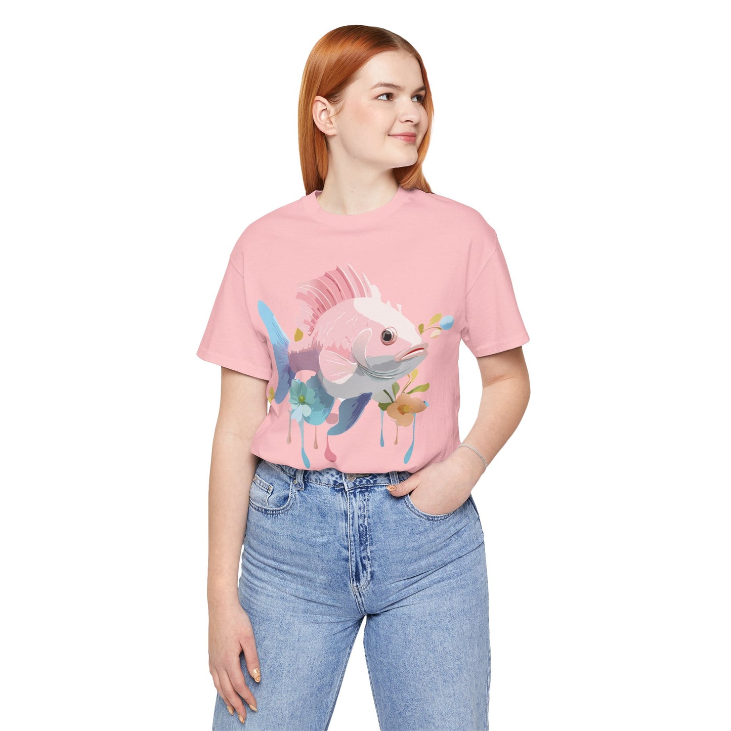 Natural Cotton Tee Shirt with Fish