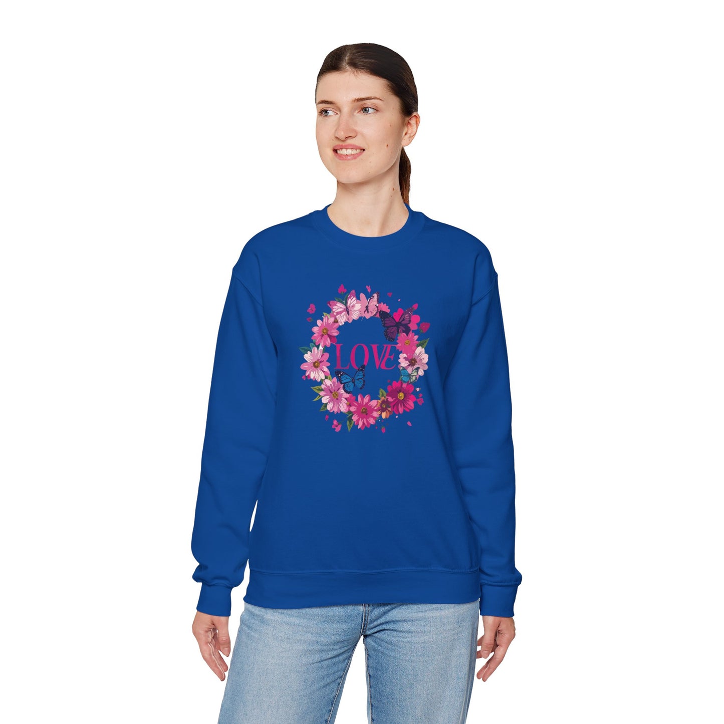 Unisex Floral Love Sweatshirt Butterfly Print 50 50 Cotton Poly Valentines Day