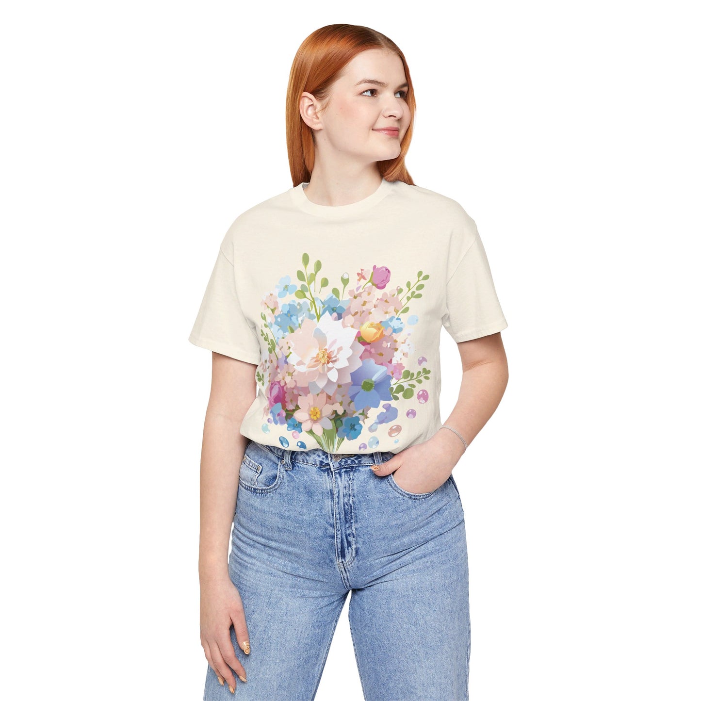 Natural Cotton Tee Shirt with Flowers