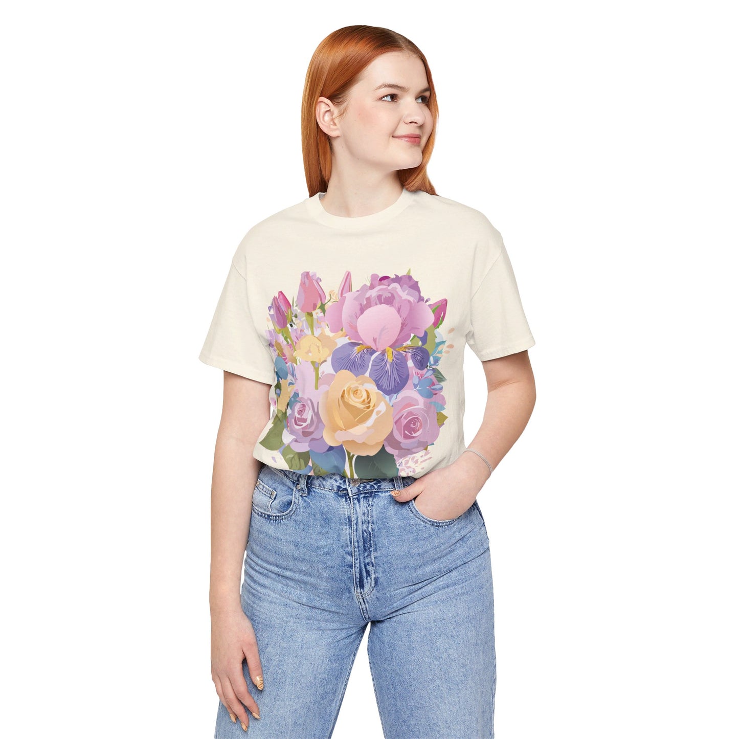 Natural Cotton Tee Shirt with Flowers