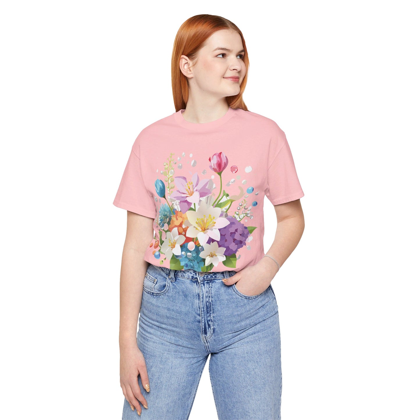 Natural Cotton Tee Shirt with Flowers