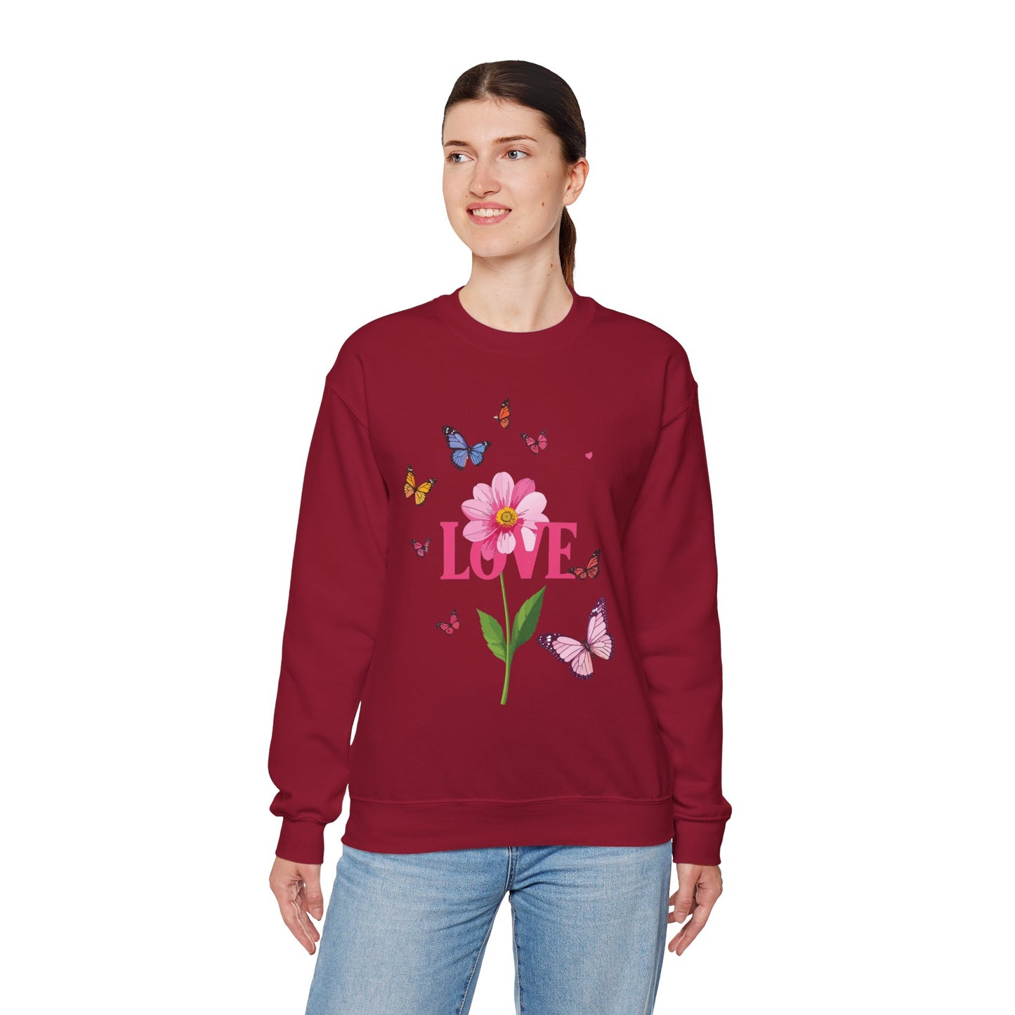 Unisex Floral Love Sweatshirt Valentines Day Cotton Poly Blend Butterfly