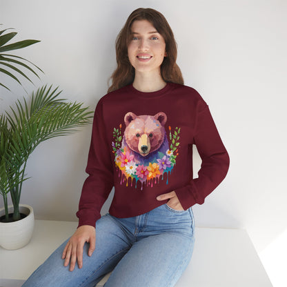 Unisex Floral Bear Sweatshirt Art Design Animals Sweatshirt Cozy Cotton Blend