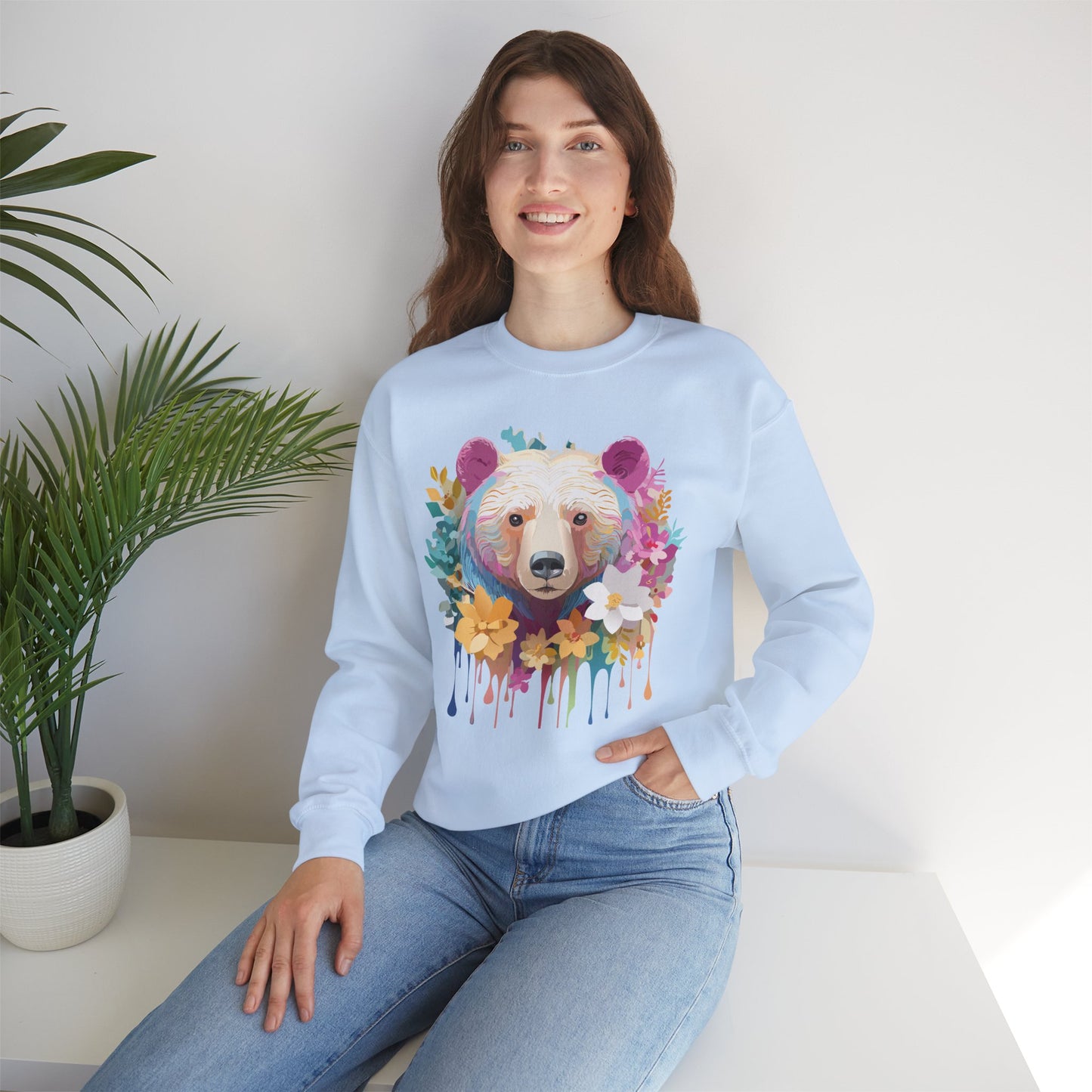 Unisex Floral Bear Sweatshirt, Animals Sweatshirt, Floral Sweatshirt, Art Design Sweatshirt