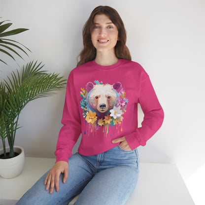 Unisex Floral Bear Sweatshirt With Art Design Gildan 18000 Crewneck