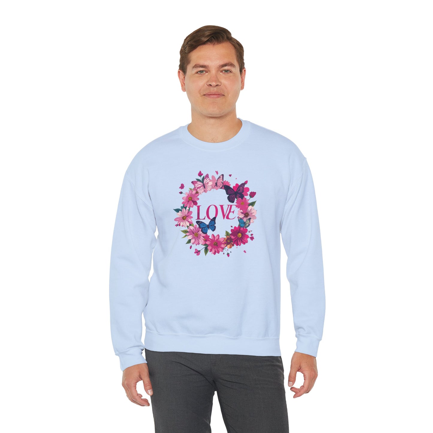 Unisex Floral Love Sweatshirt Butterfly Print 50 50 Cotton Poly Valentines Day