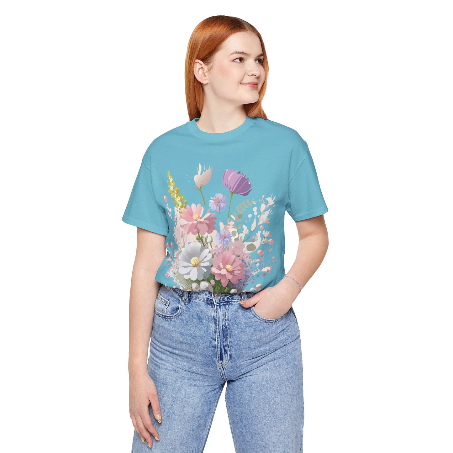 Natural Cotton Tee Shirt with Flowers