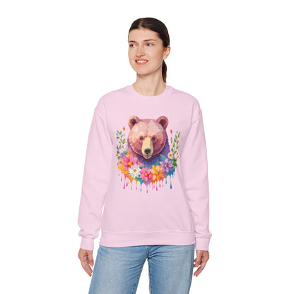 Unisex Floral Bear Sweatshirt Art Design Animals Sweatshirt Cozy Cotton Blend