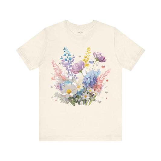 Natural Cotton Tee Shirt with Flowers