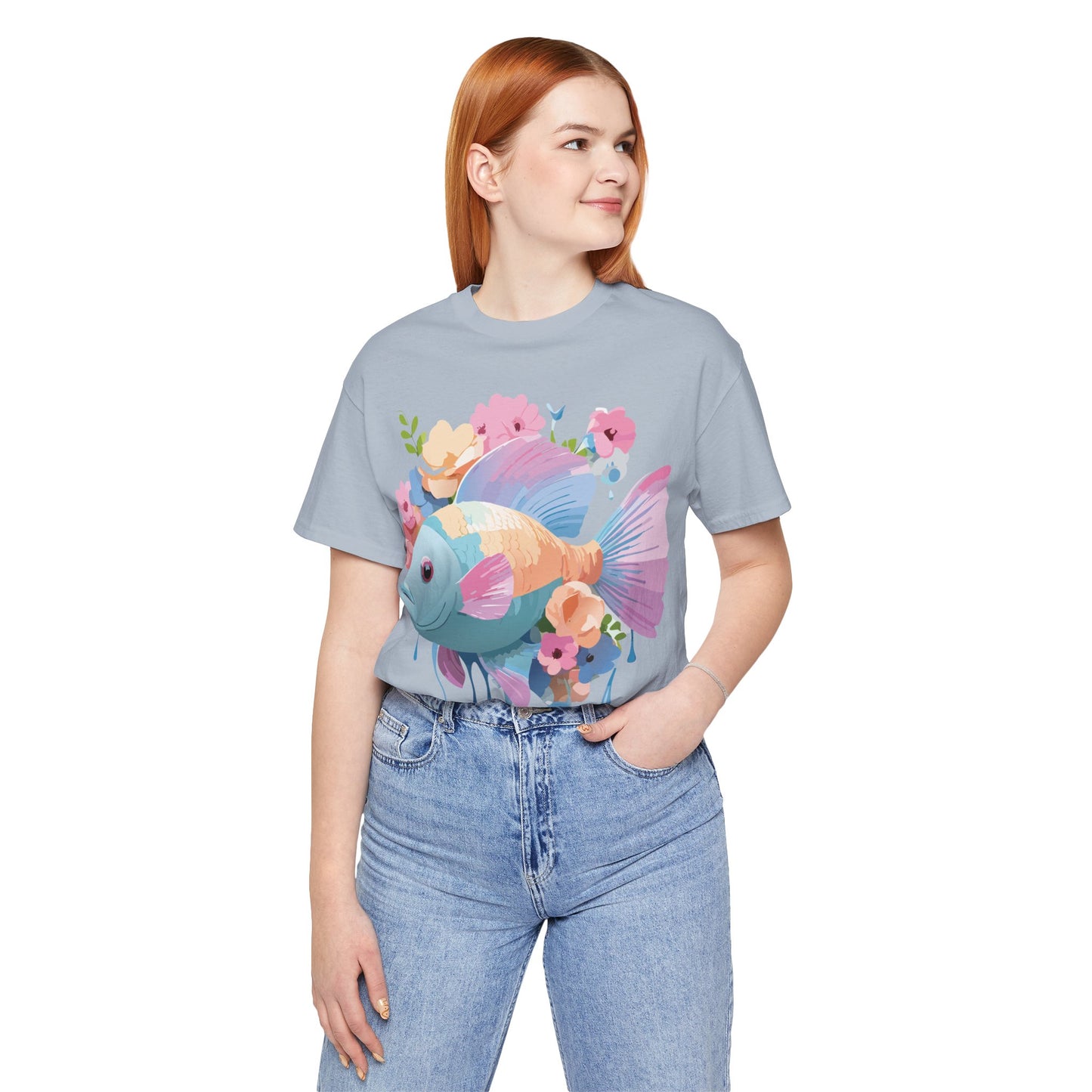 Natural Cotton Tee Shirt with Fish