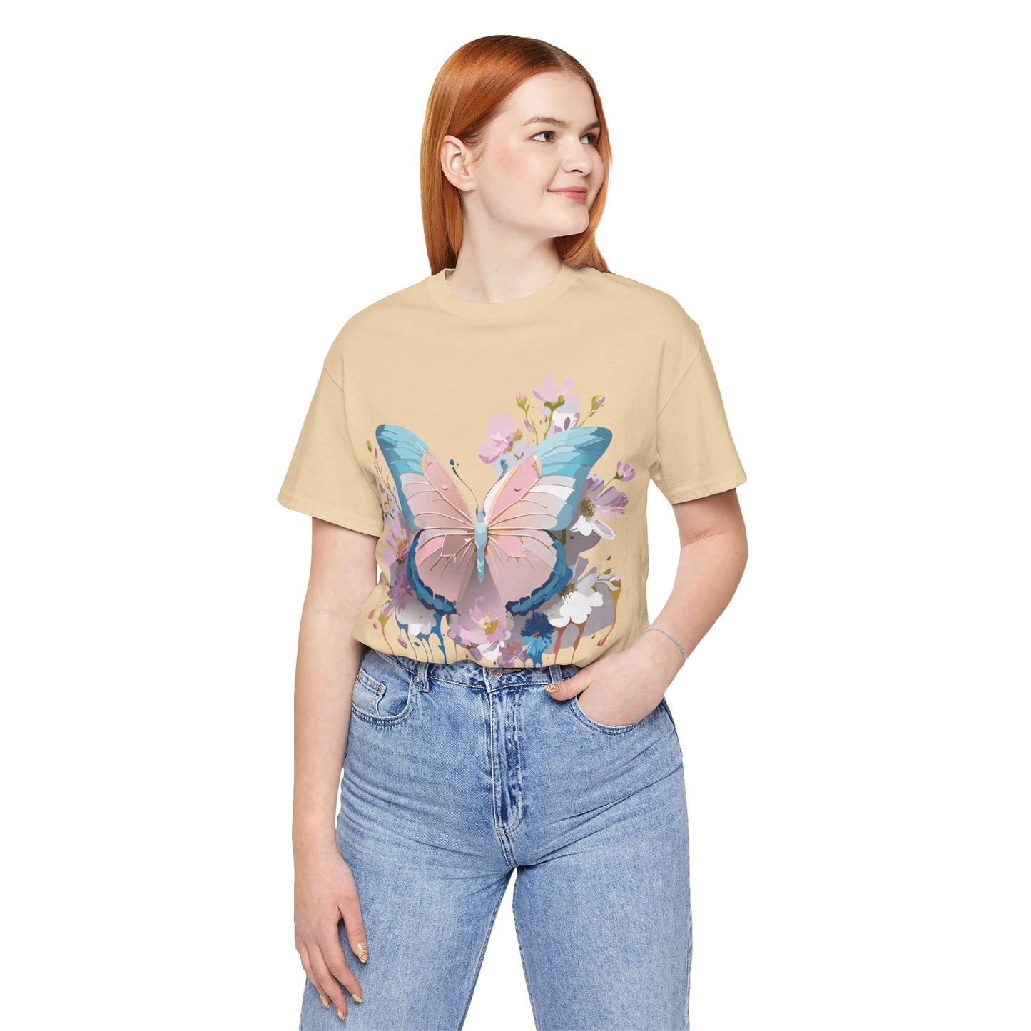 Natural Cotton Tee Shirt with Butterfly