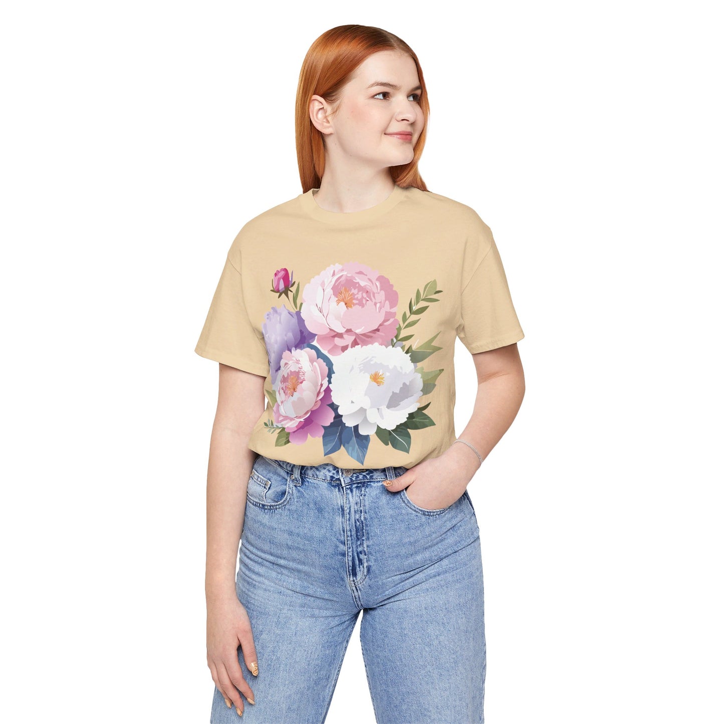 Natural Cotton Tee Shirt with Flowers