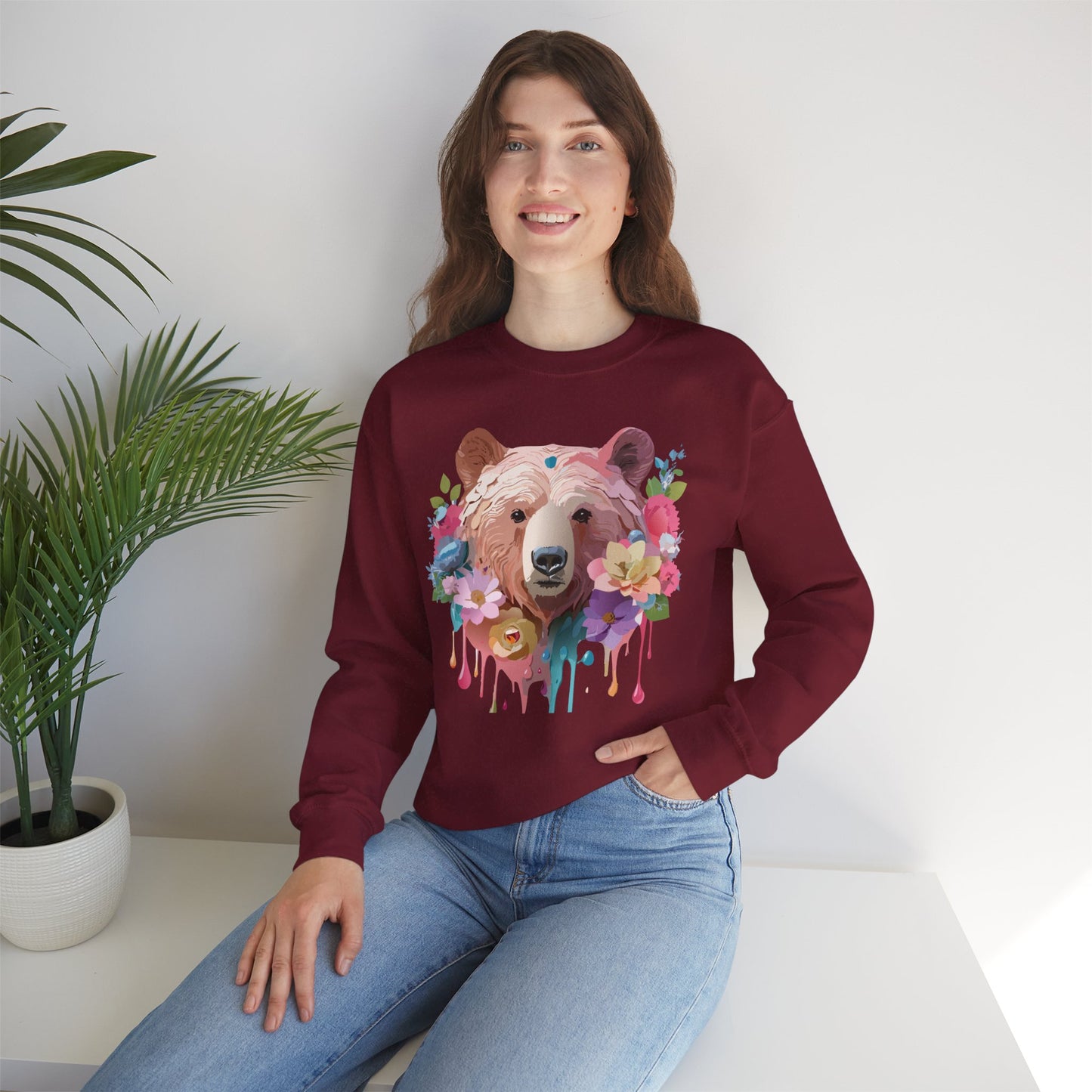 Unisex Floral Bear Sweatshirt, Animals Sweatshirt, Floral Sweatshirt, Art Design Sweatshirt