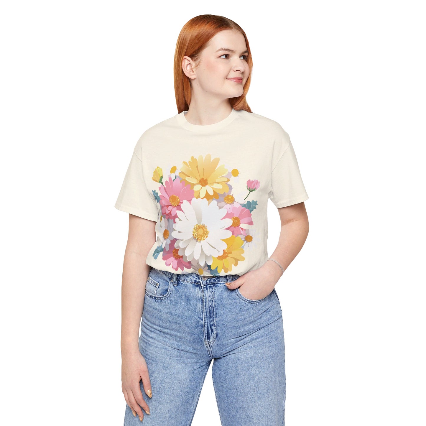 Natural Cotton Tee Shirt with Flowers