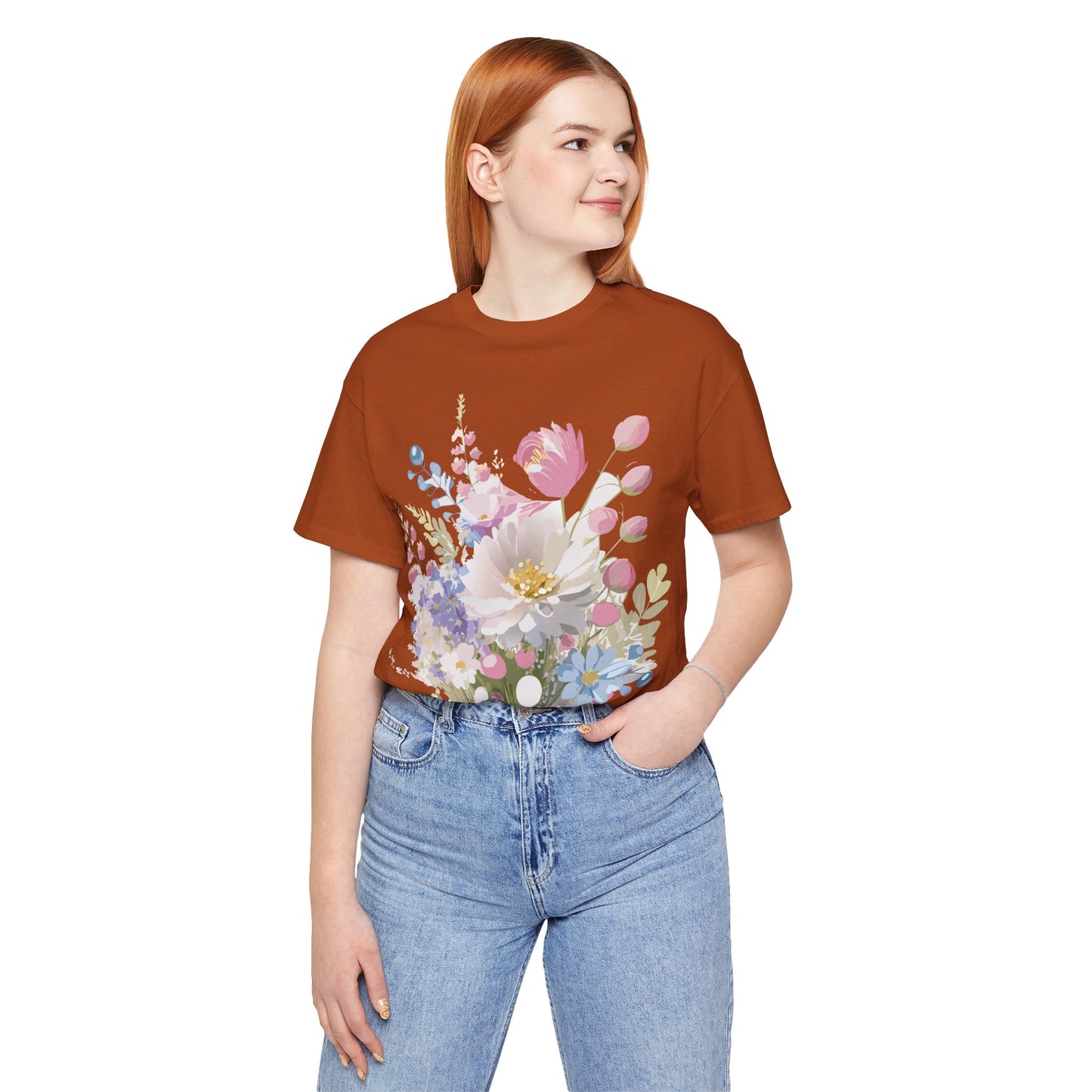 Natural Cotton Tee Shirt with Flowers