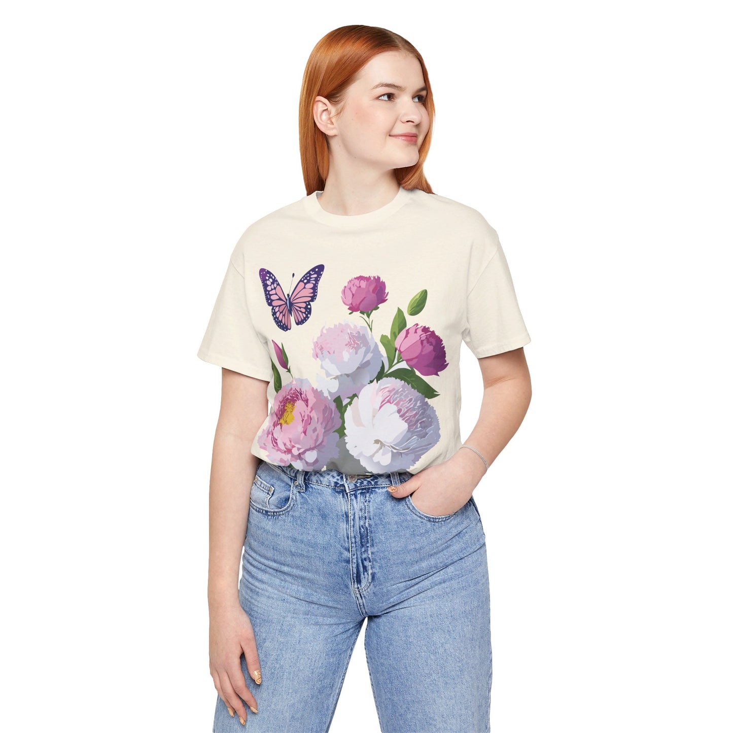 Natural Cotton Tee Shirt with Flowers