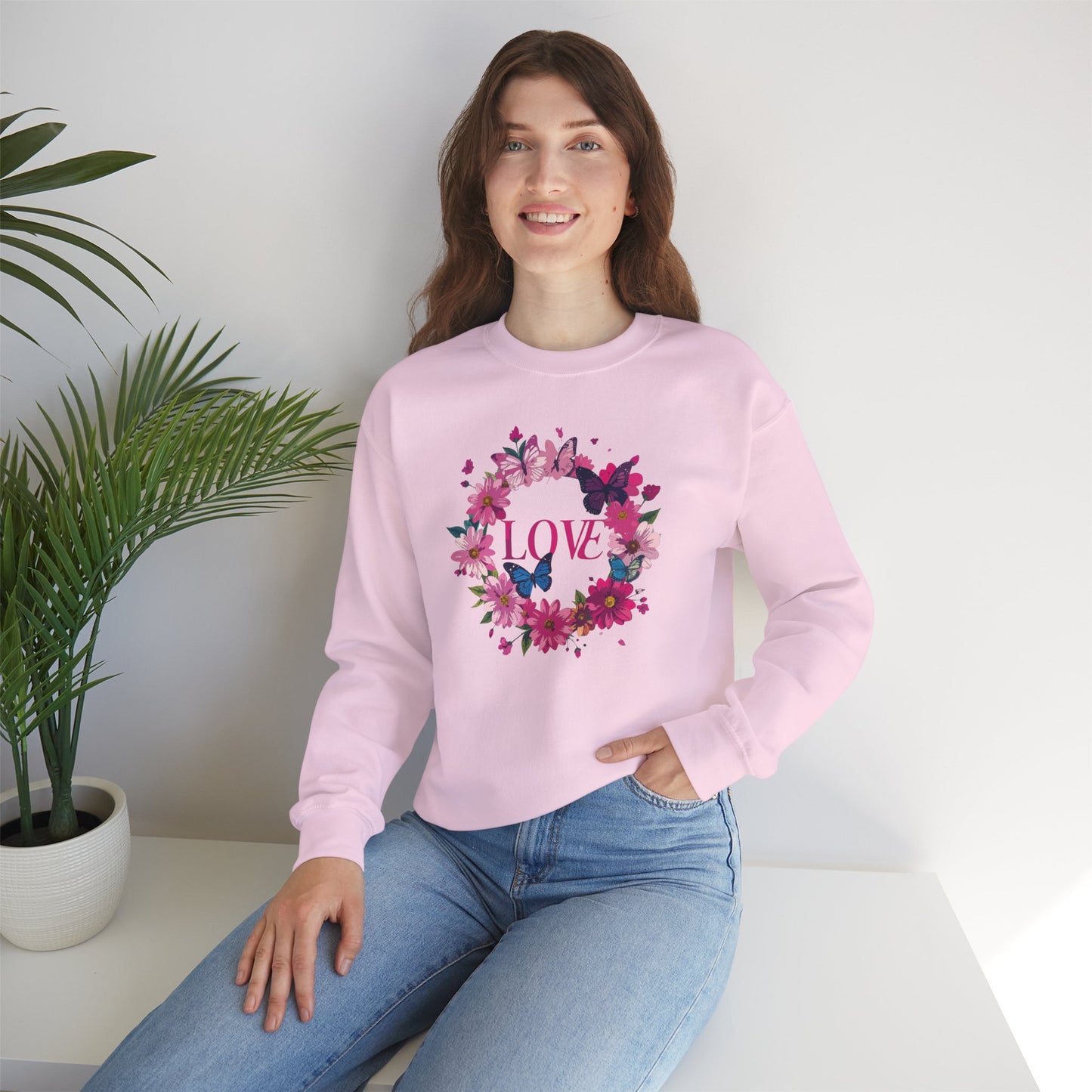 Unisex Floral Love Sweatshirt Butterfly Print 50 50 Cotton Poly Valentines Day